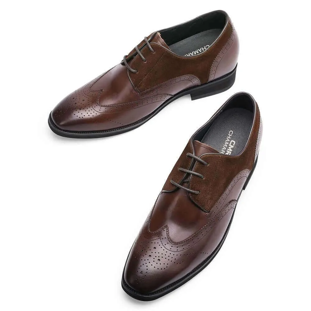 7CM / 2.76 Inches - CMR CHAMARIPA Men's Raised Heel Shoes - Elevator Dress Shoes - Brown Leather Business Derby Shoes