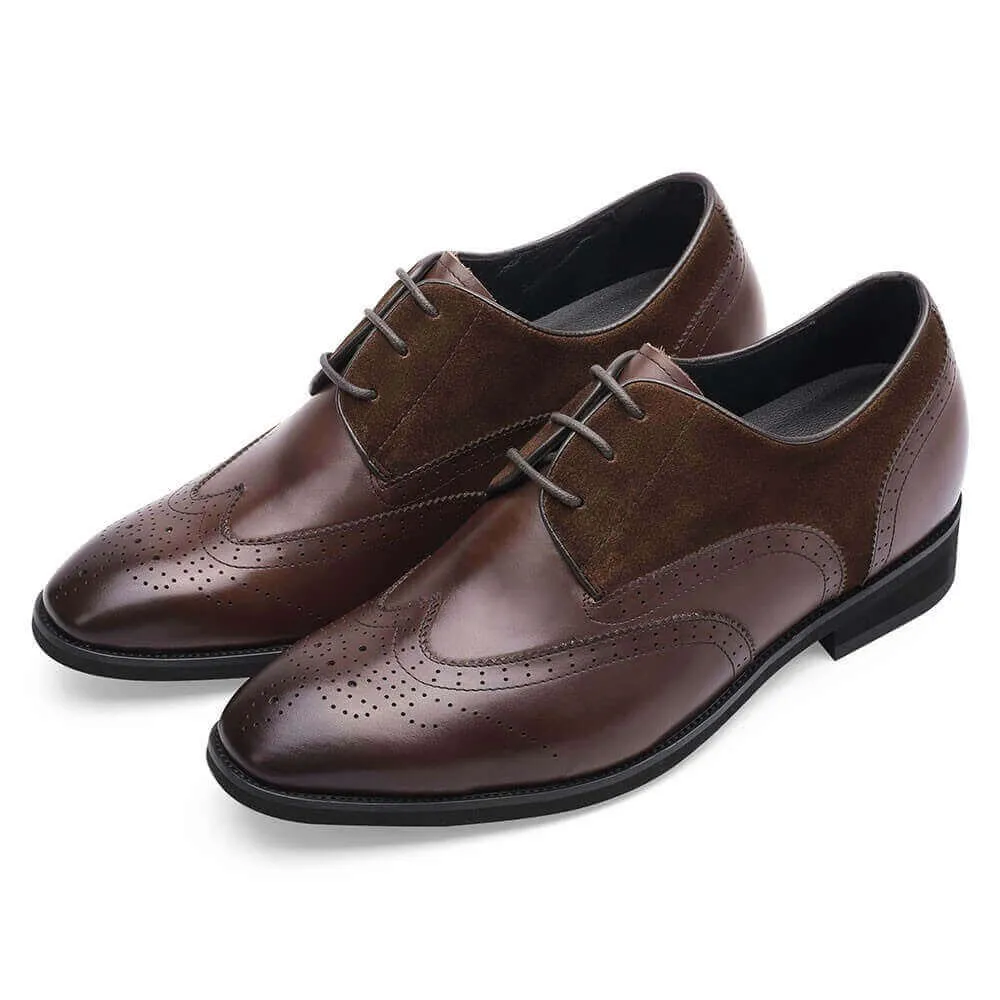 7CM / 2.76 Inches - CMR CHAMARIPA Men's Raised Heel Shoes - Elevator Dress Shoes - Brown Leather Business Derby Shoes