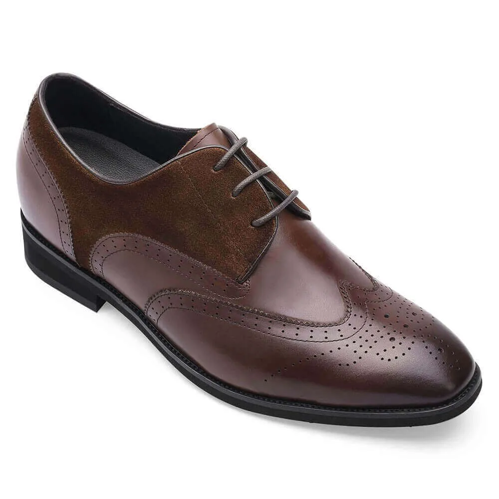 7CM / 2.76 Inches - CMR CHAMARIPA Men's Raised Heel Shoes - Elevator Dress Shoes - Brown Leather Business Derby Shoes