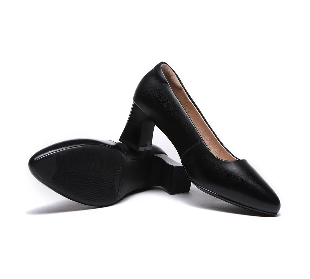 All-Black Leather Women Low Block Heels Fanny