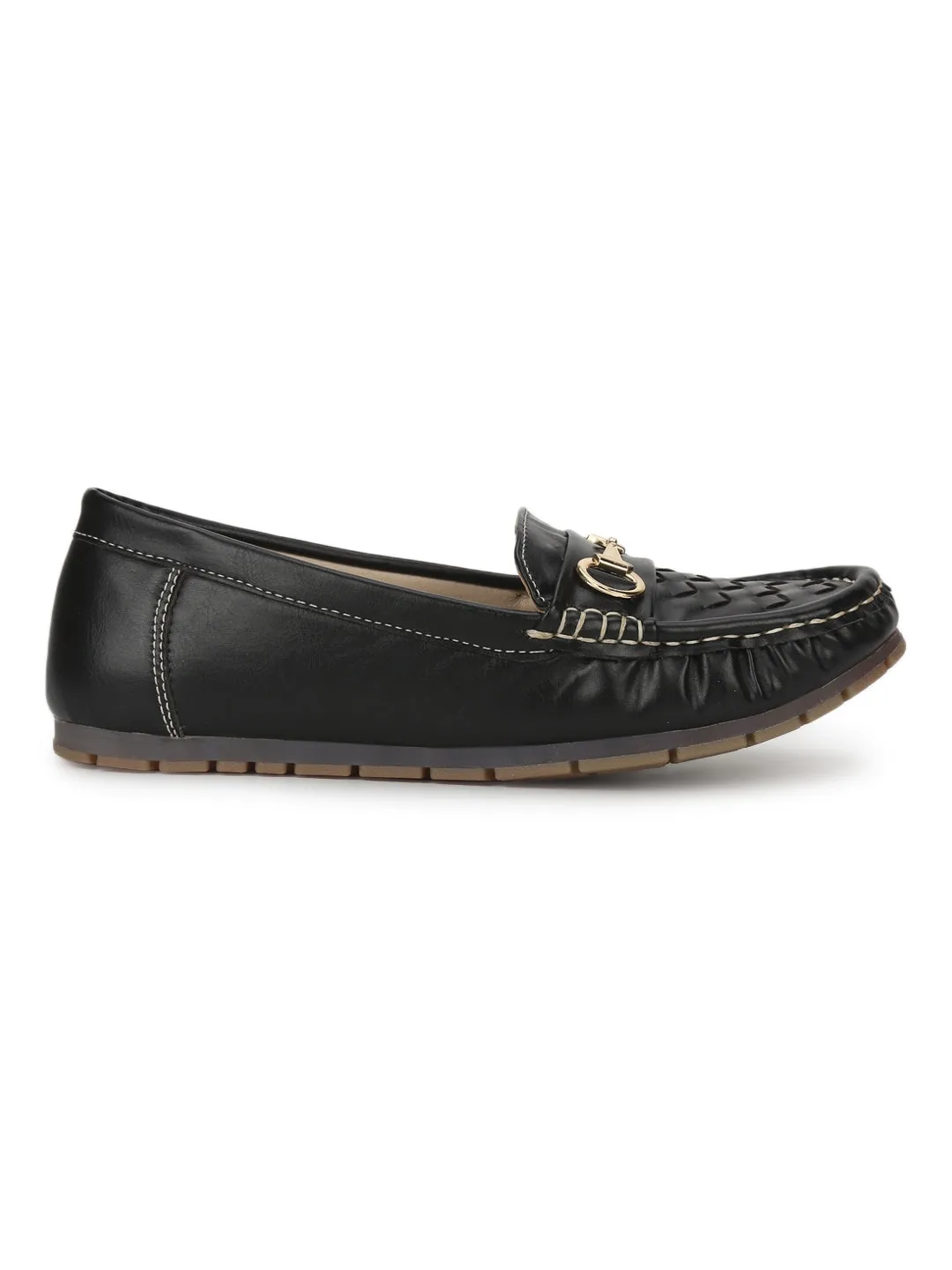 Black PU Gold Chain Loafer With Weaves