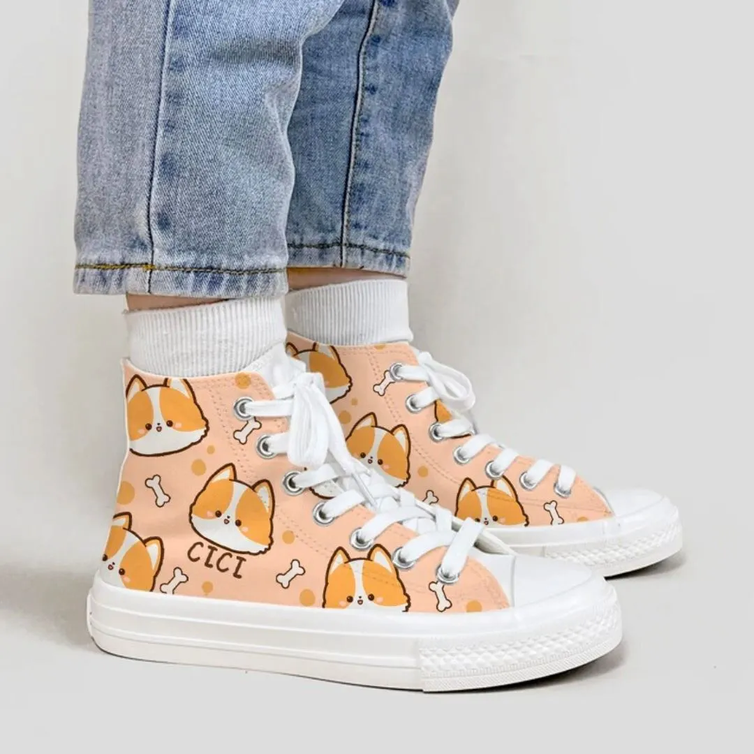 Cici the Corgi High Top Canvas Shoes - Unisex