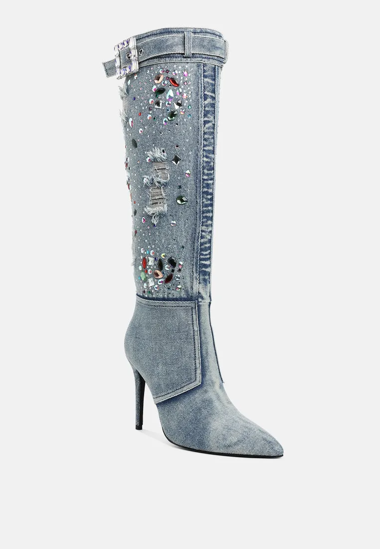 Cornik Multi Color Stones Denim Boots