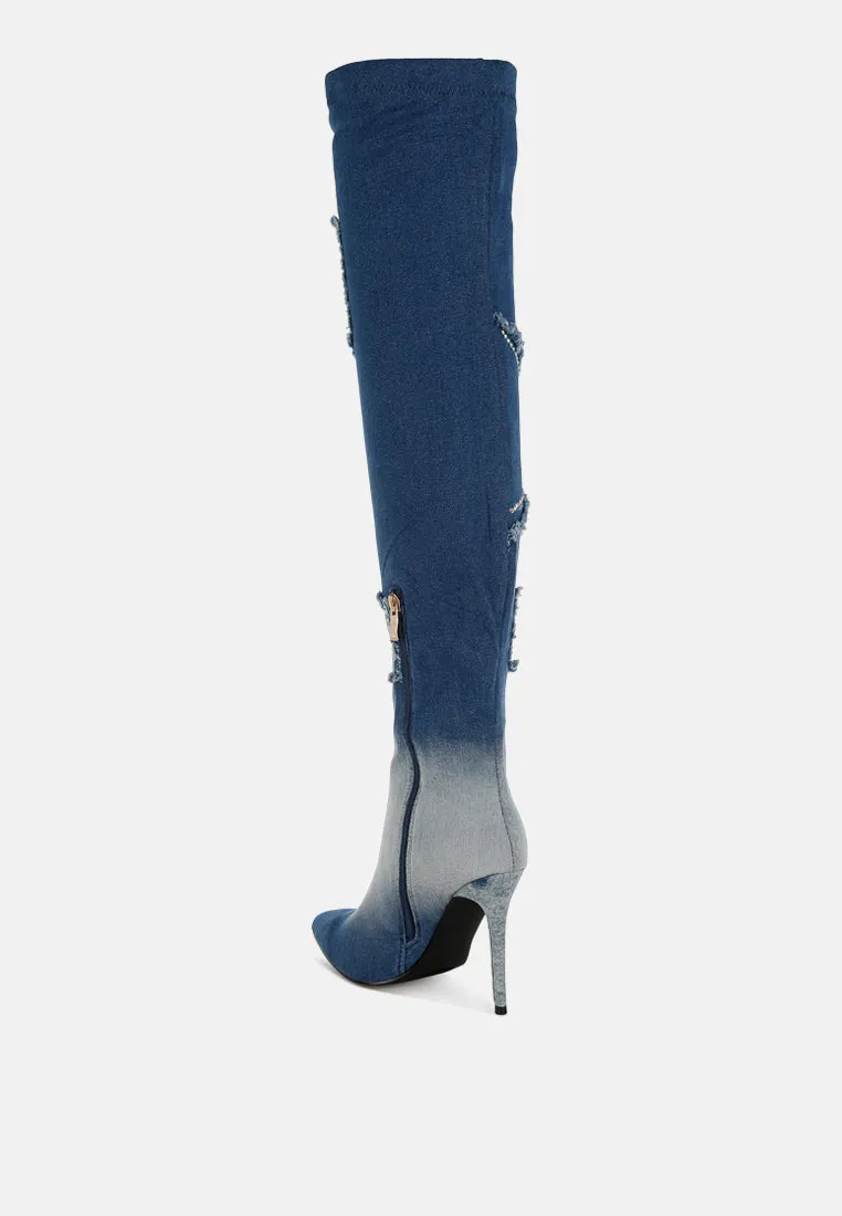 Eilish Rhinestones Knee High Denim Boots