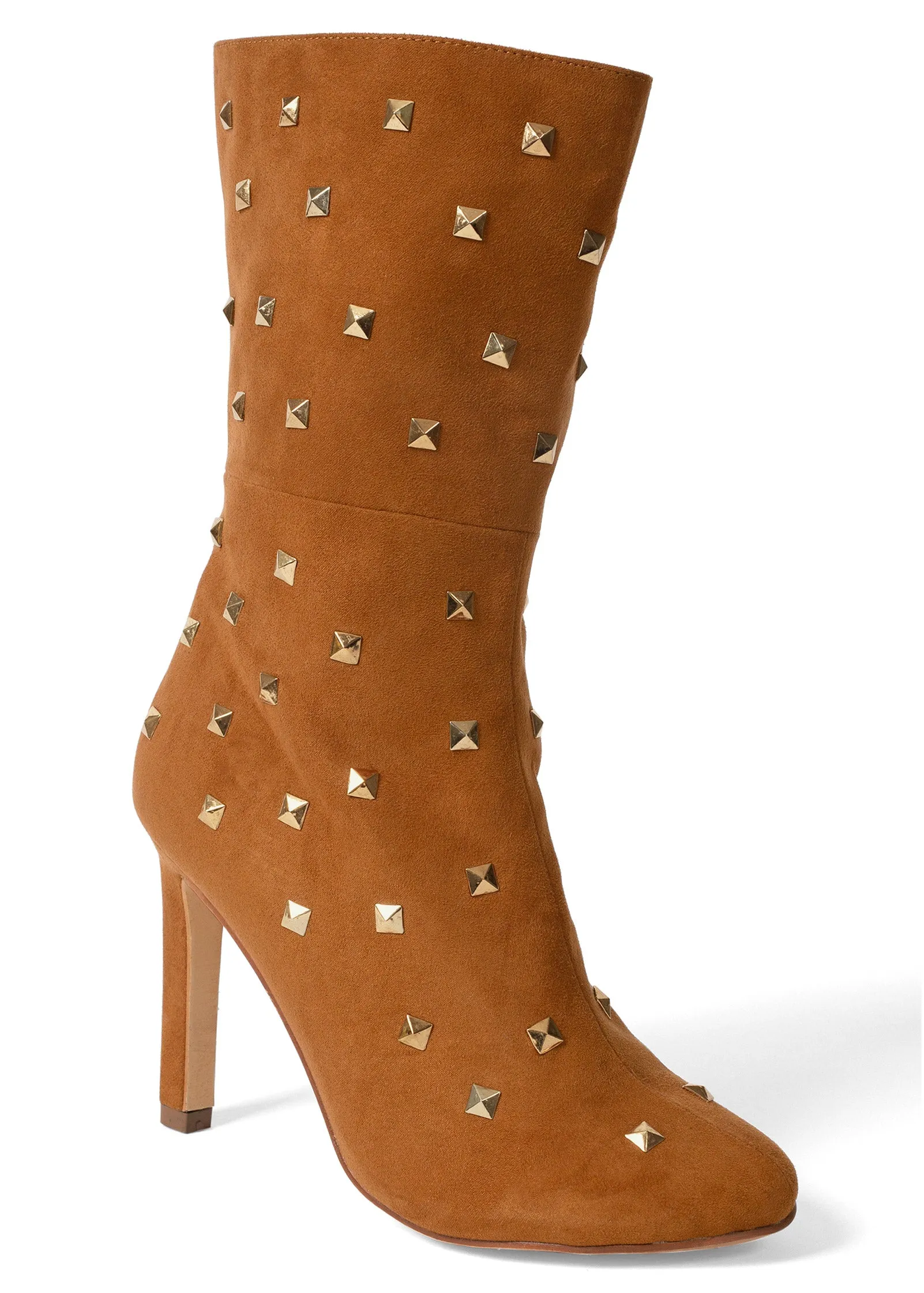 Faux Suede Studded Boots - Cognac