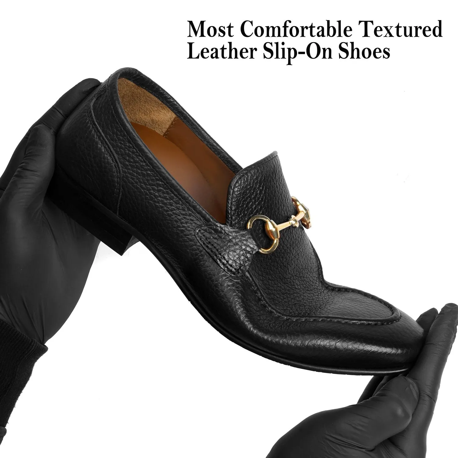 Flexible Back Comfortable Loafers in Black Textured Leather