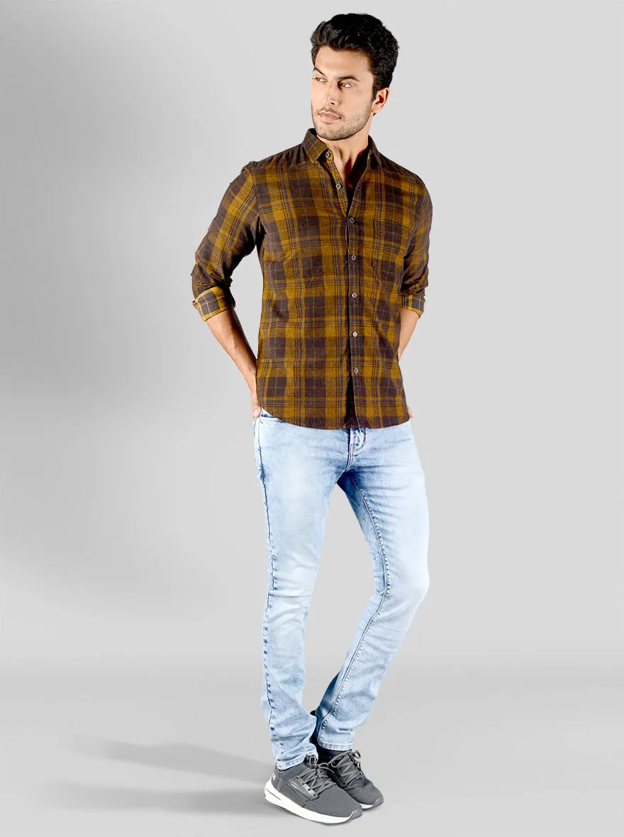 Golden Brown Checked Slim Fit Casual Shirt | JadeBlue