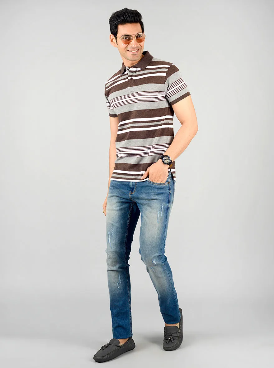 Grey & Brown Striped Slim Fit Polo T-shirt | Greenfibre