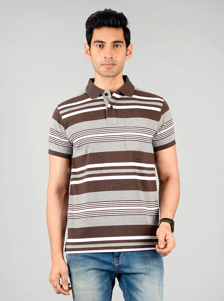 Grey & Brown Striped Slim Fit Polo T-shirt | Greenfibre