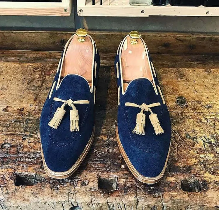 Handmade Blue Color Suede Loafer Slipper Dress Men's Fashion Moccasin Tussles Shoes