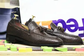 Handmade Dark Brown Python Leather Shoes, Men's Slip On Loafer Tussle Shoes