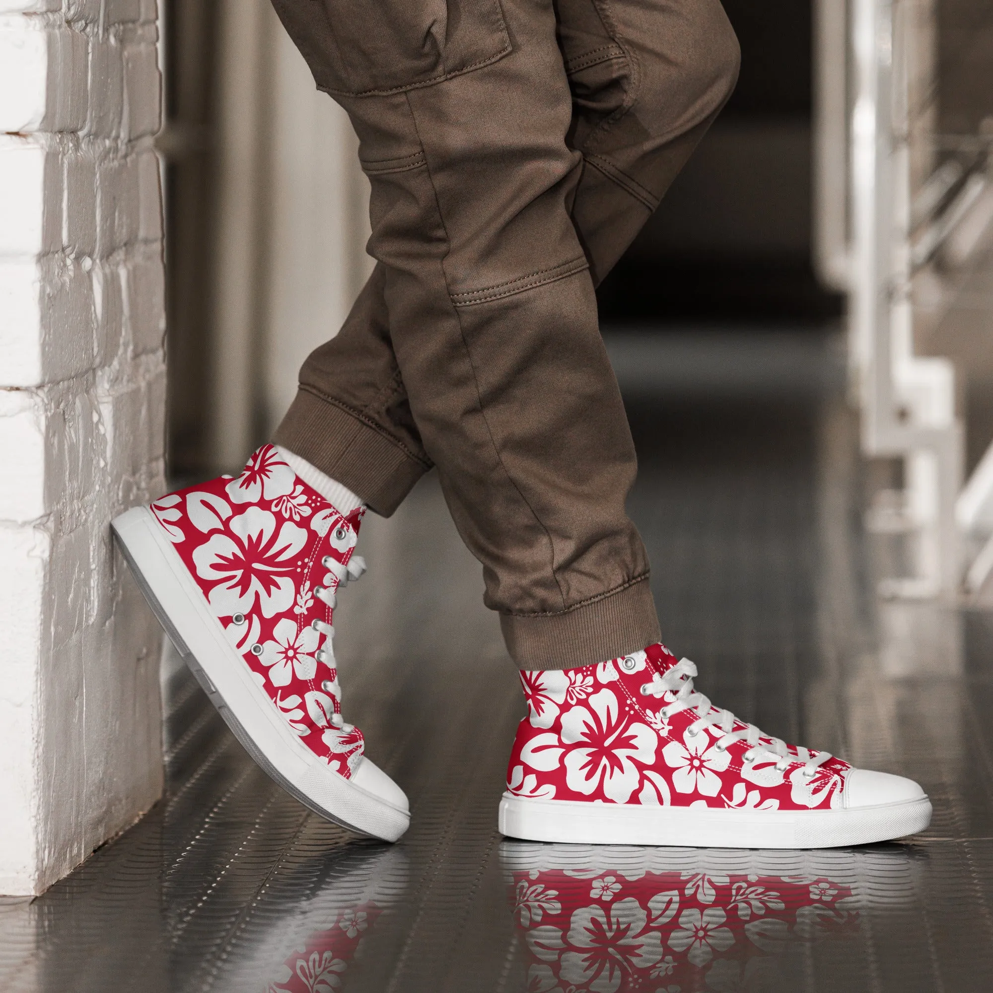 Men's Red and White Hawaiian Print High Top Shoes