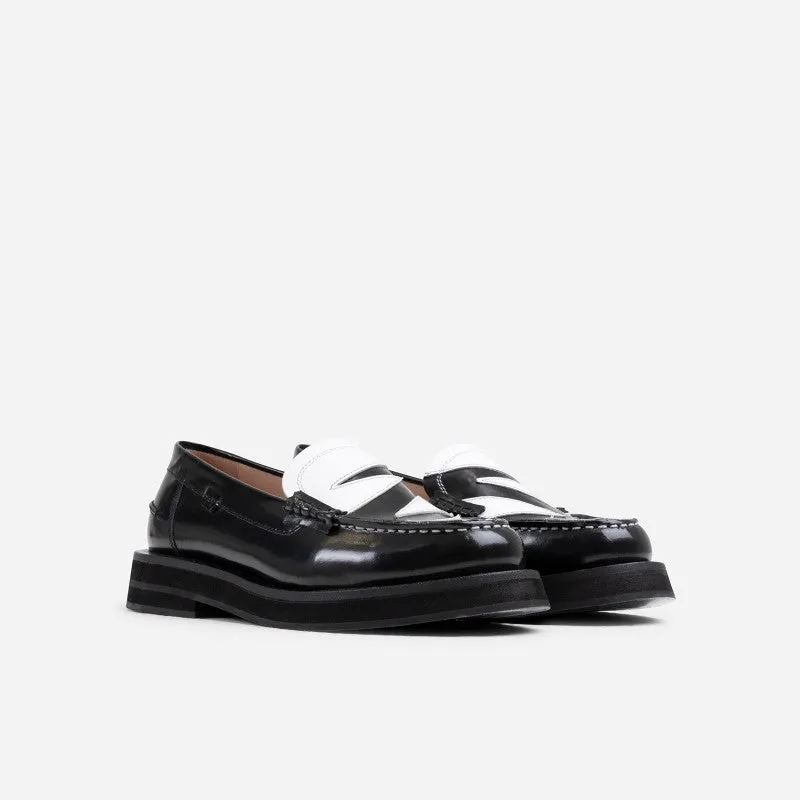 New Frizo Black White Leather Loafers