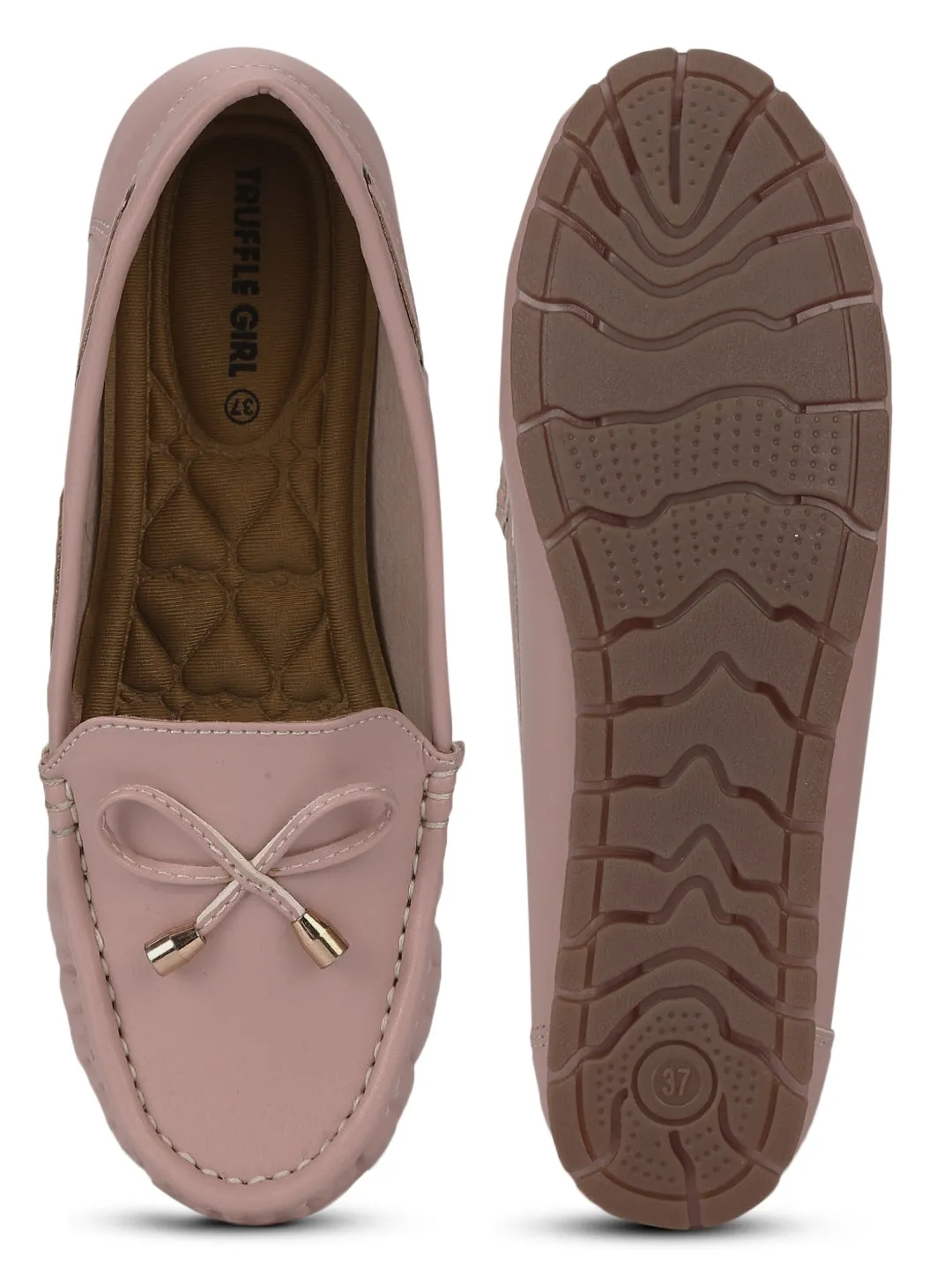 Nude PU Loafers With Bow