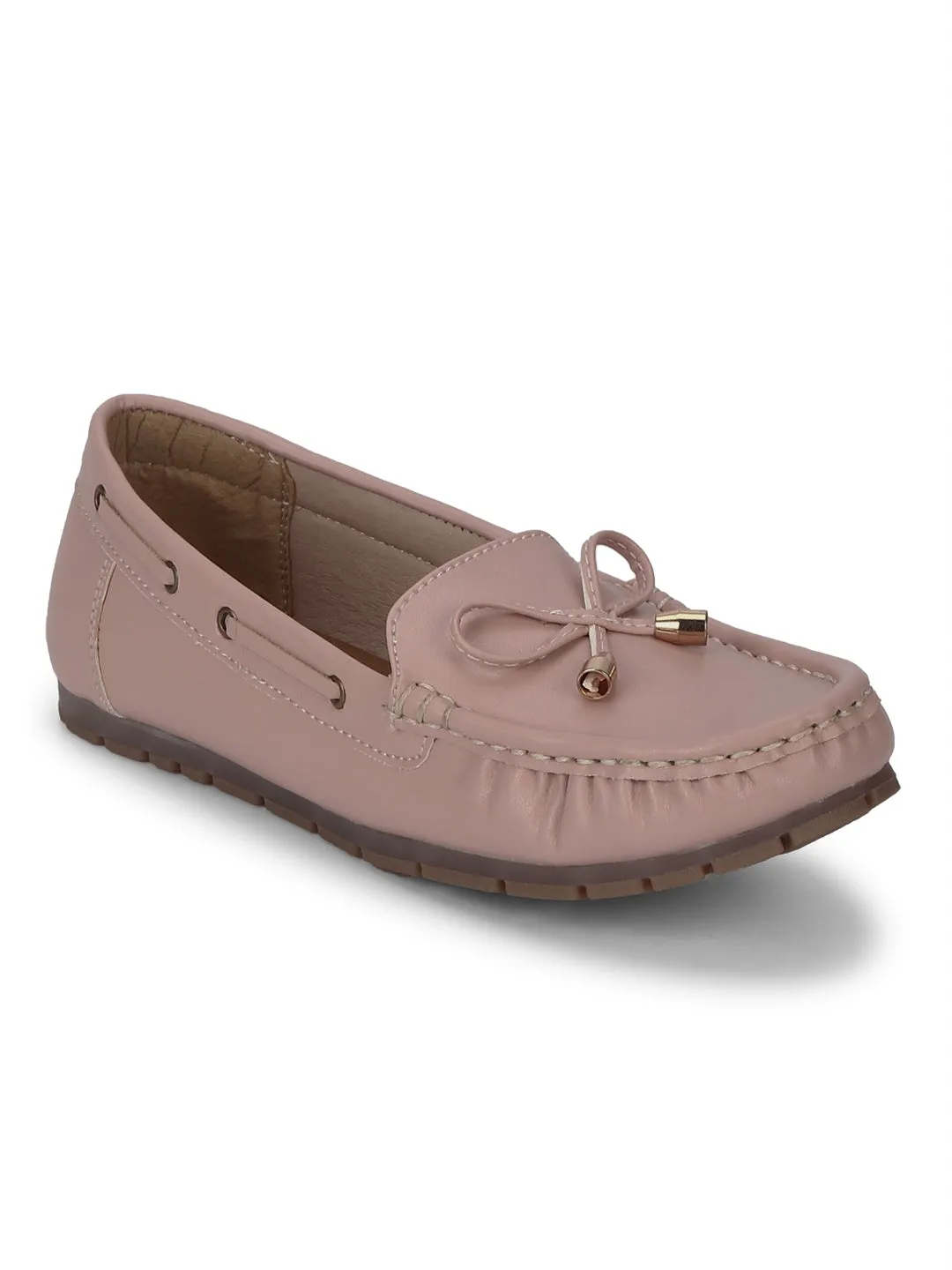 Nude PU Loafers With Bow