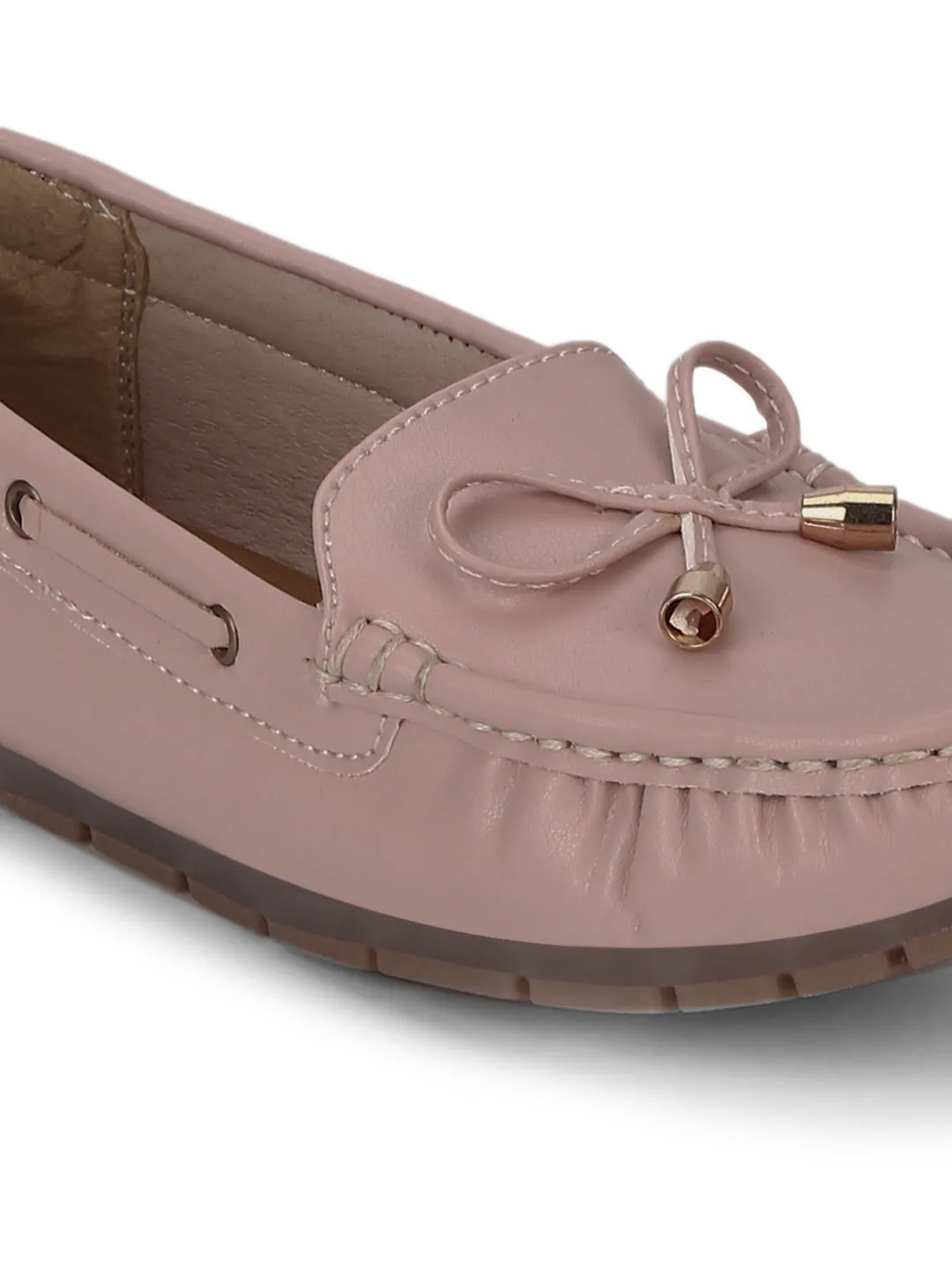 Nude PU Loafers With Bow