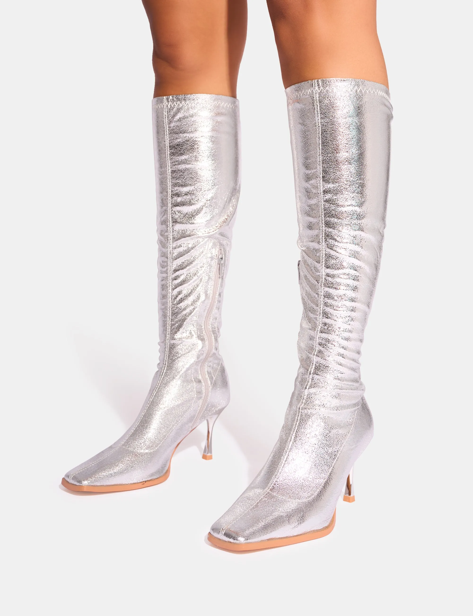 Scorpion Cracked Silver Mid Heel Sock Knee High Boots