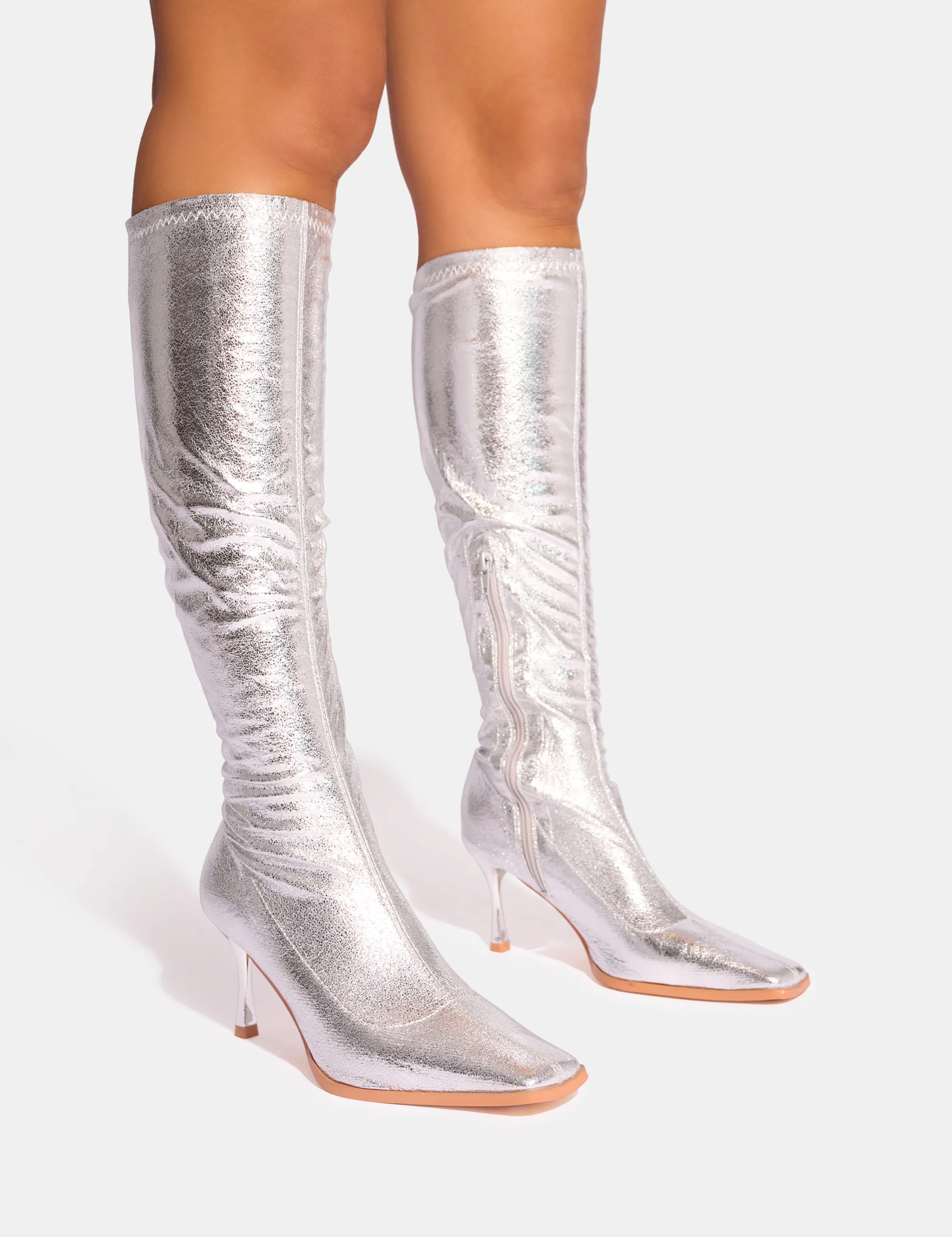 Scorpion Cracked Silver Mid Heel Sock Knee High Boots