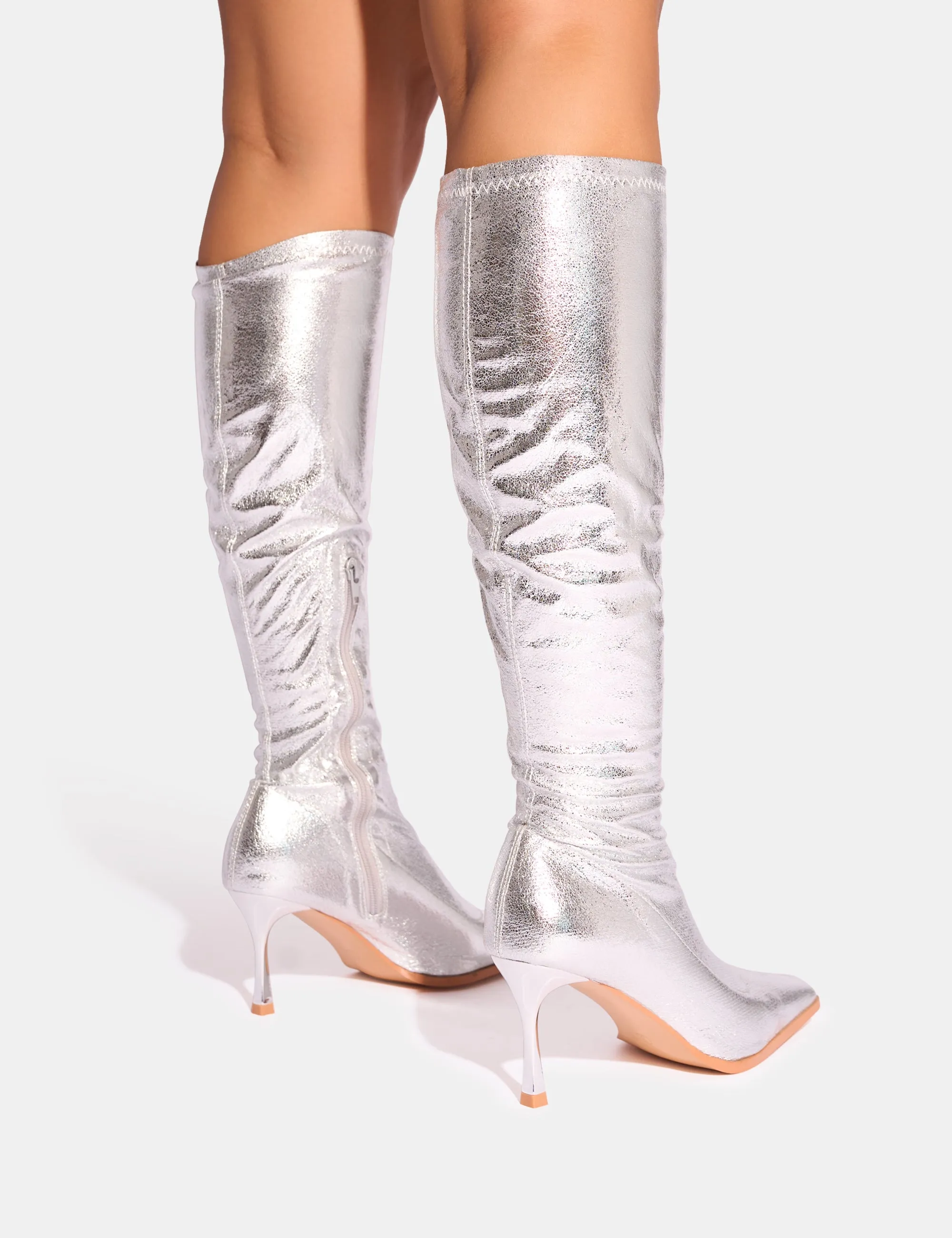 Scorpion Cracked Silver Mid Heel Sock Knee High Boots