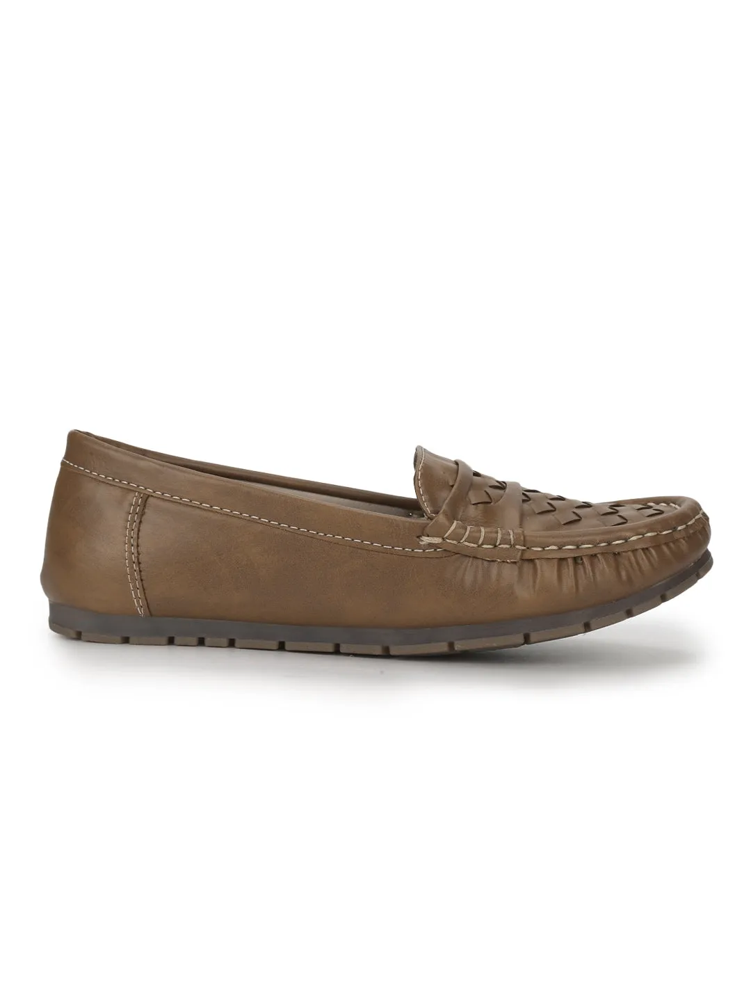 Tan PU Loafers With Weaves