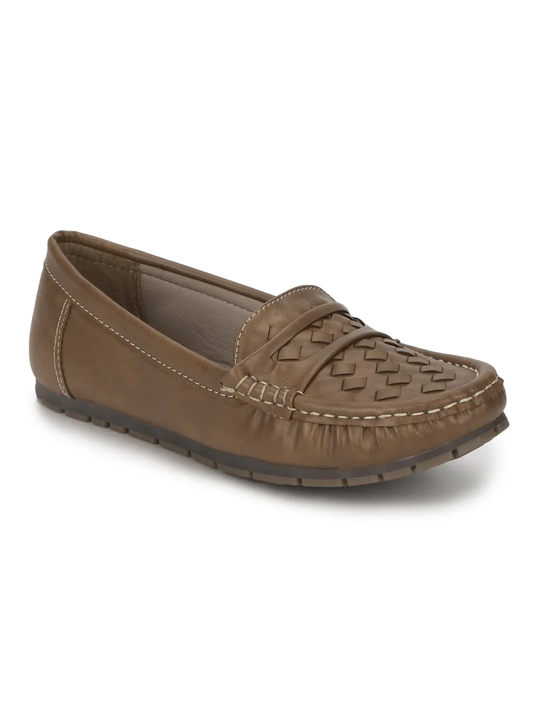 Tan PU Loafers With Weaves