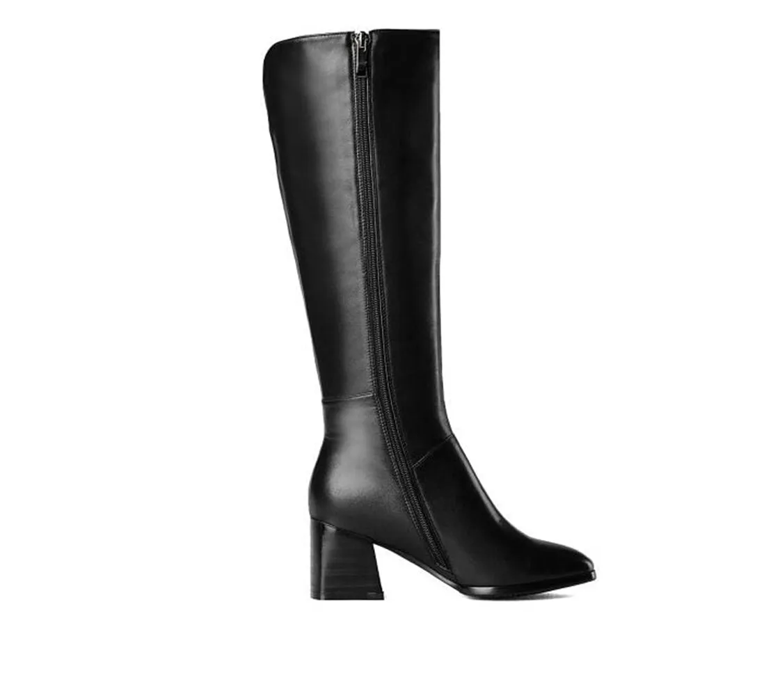 TinaCus Genuine Leather Women's Square Toe Mid Chunky Heel Handmade Side Zip Up Knee High Boots