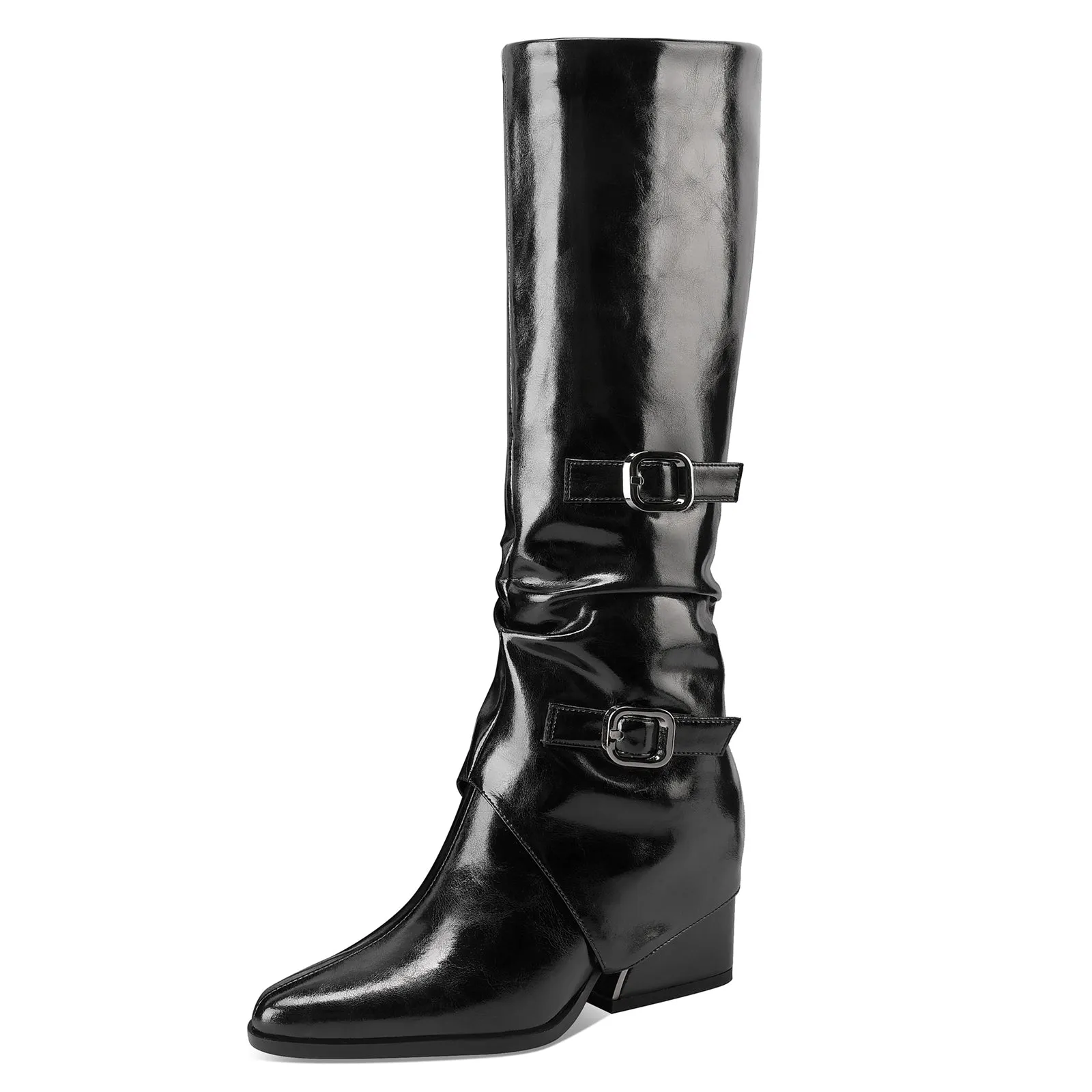 TinaCus Handmade Women's Genuine Leather Pointed Toe Chunky Heel  Side Zip Up Buckles Knee High Boots