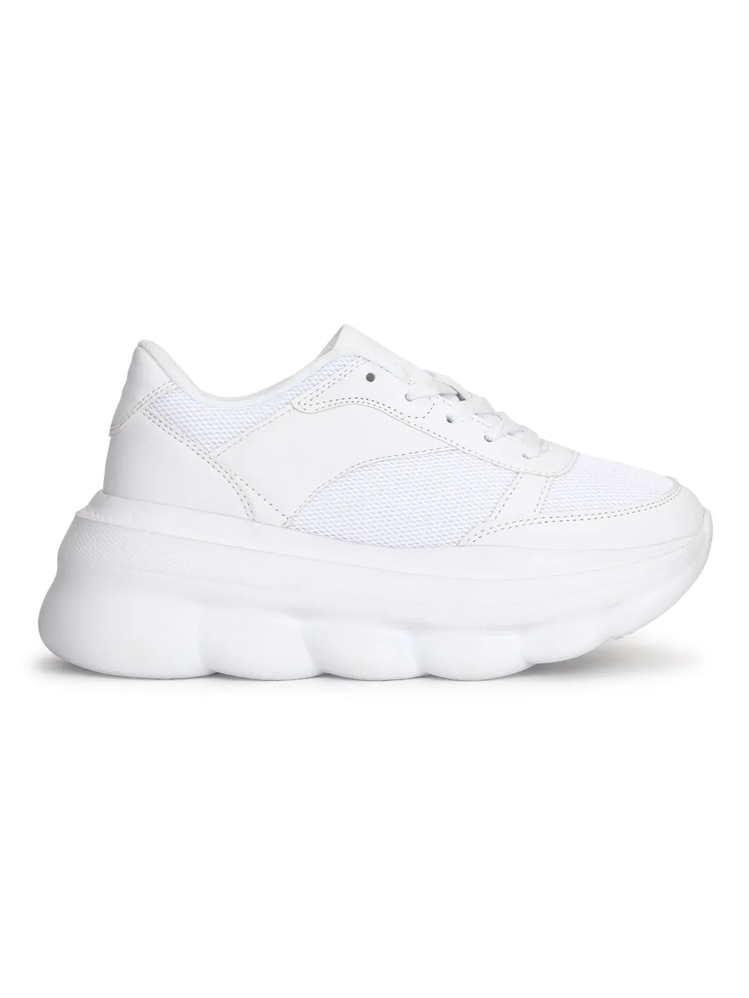 White PU Cleated Bottom Platform Lace-up Chunky Sneakers