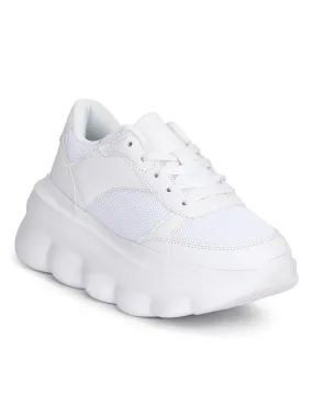 White PU Cleated Bottom Platform Lace-up Chunky Sneakers