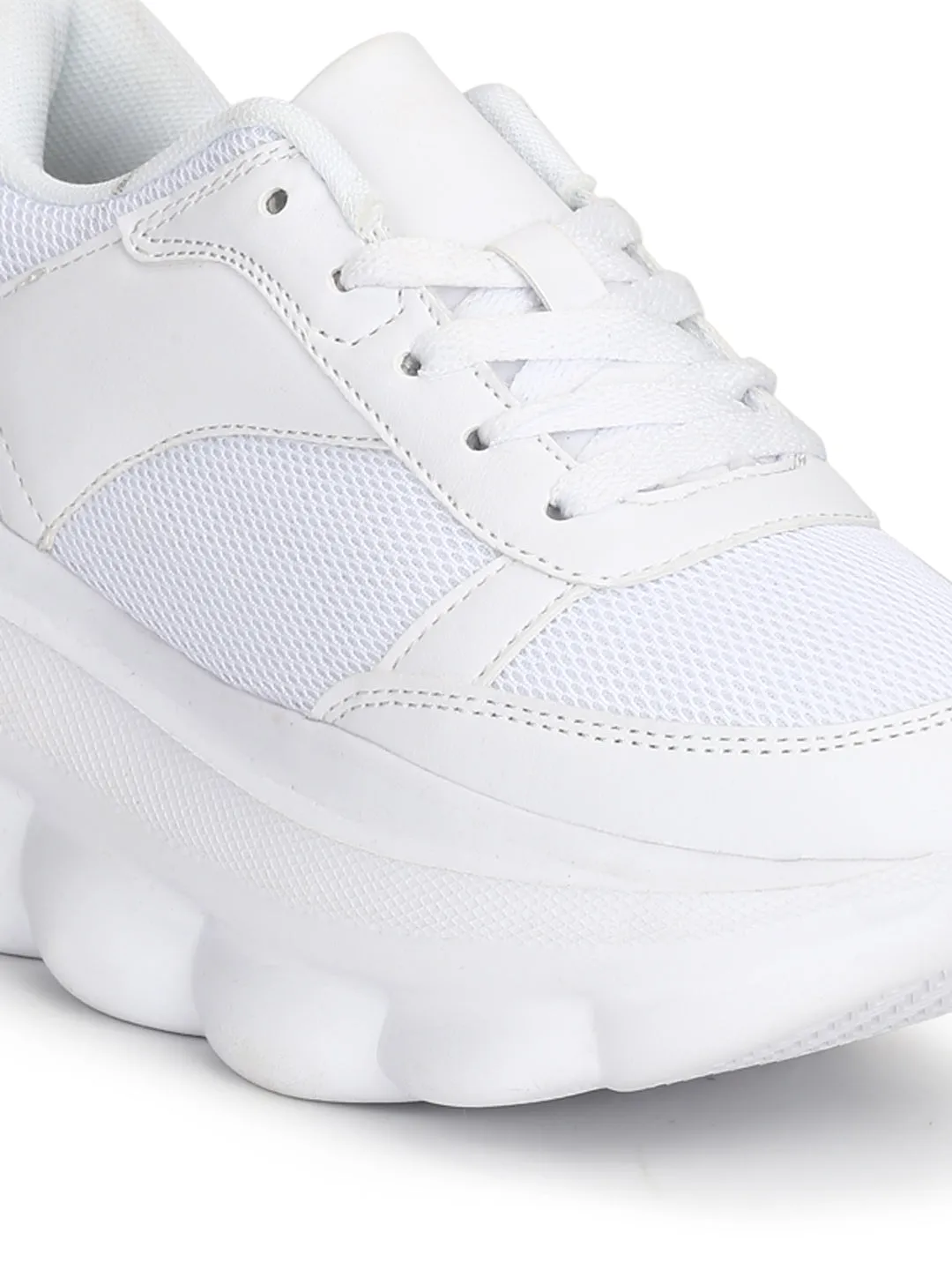 White PU Cleated Bottom Platform Lace-up Chunky Sneakers